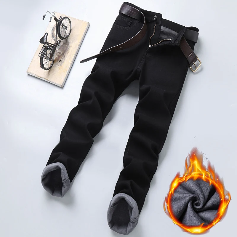 Autumn Winter Fleece Stretch Jeans Black Fashion Slim Comfortable Cotton Straight Trousers Warm Male Brand Clothing Denim Pants