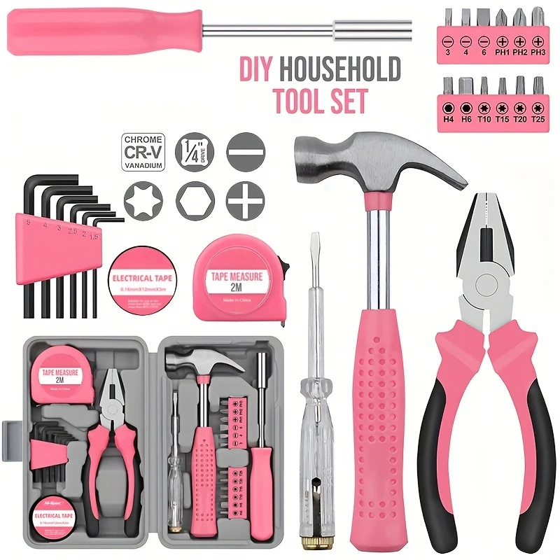 

Pink Home Repair Tool Kit - Ideal for DIY Projects & Emergency Car Maintenance - Perfect Christmas Gift for Women, DIY Tool Kit