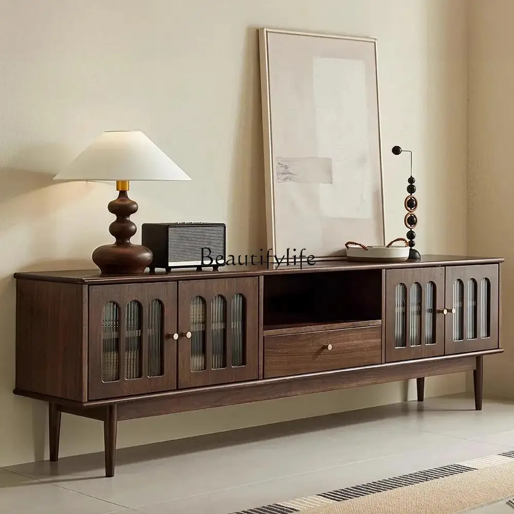

Small apartment solid wood TV cabinet American retro walnut living room storage floor side cabinet