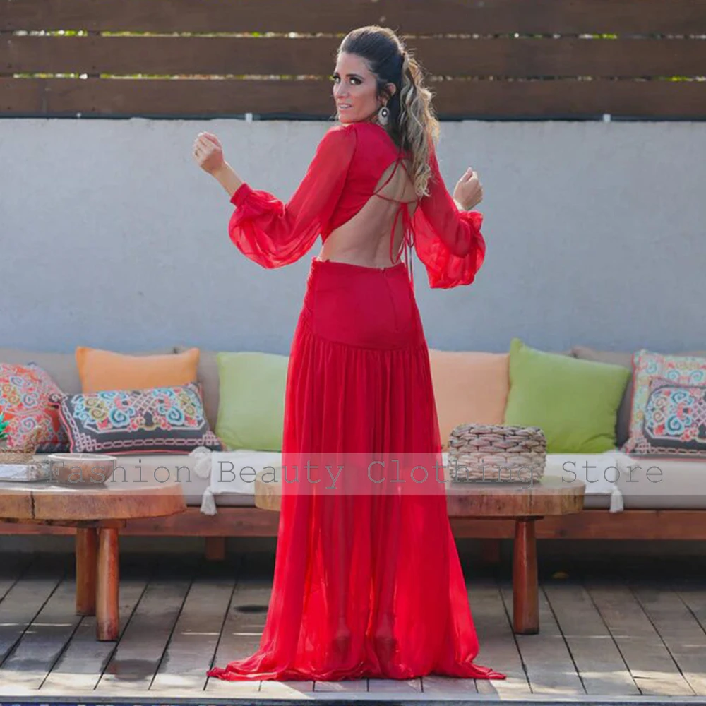 Evening Dress Classic Red Chiffon Ruffles Beach A-line V-neck Long Dresses Elegant Luxury Evening Dress 2024