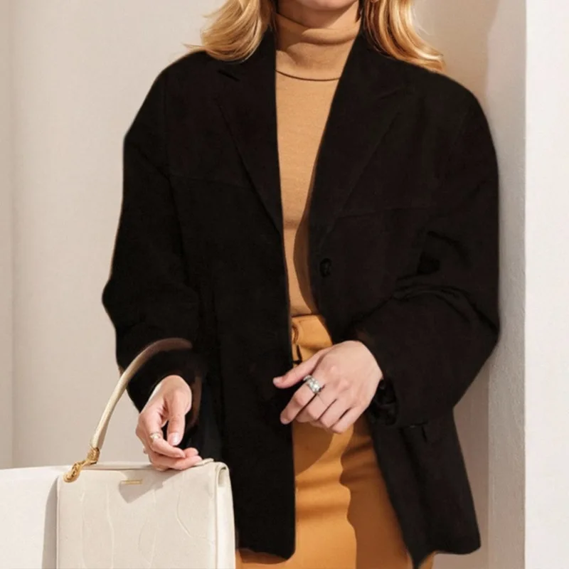 

Women New Single Breasted Casual Office Lady Solid Color Collar Jacket Long Sleeve Brown Coat Loose Top 2025 Autumn and Winter