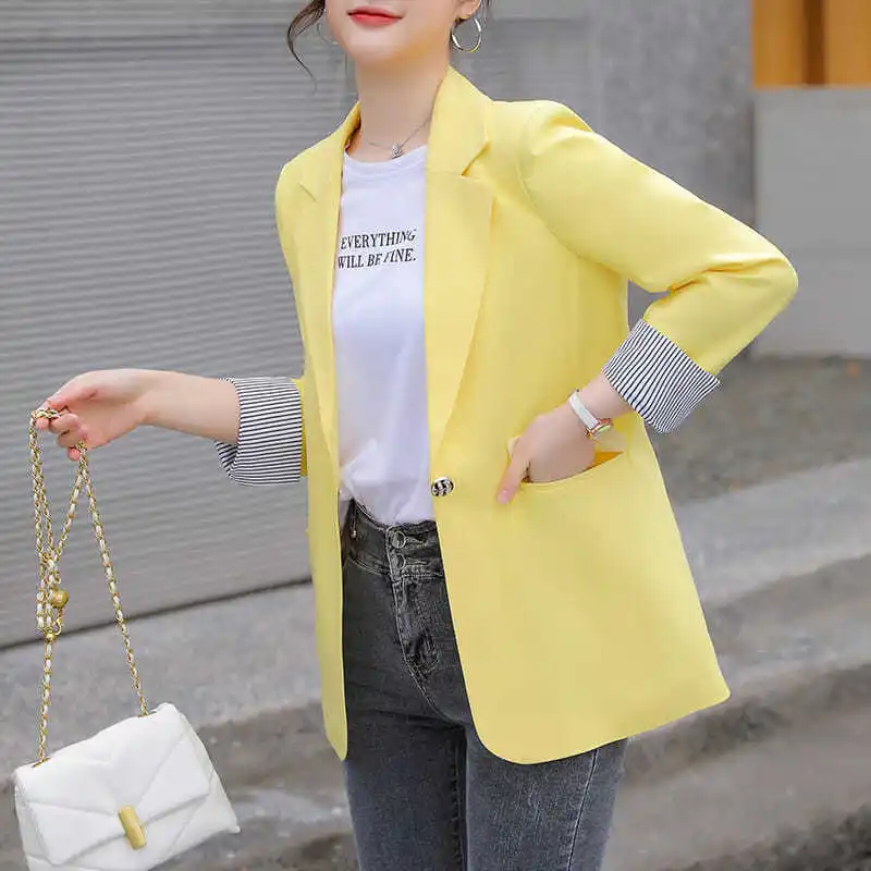 New Blazer Coat for Women Spring and Autumn New Korean Blazer Spliced Green Yellow Top Coat Blazer Women Office Wear Women