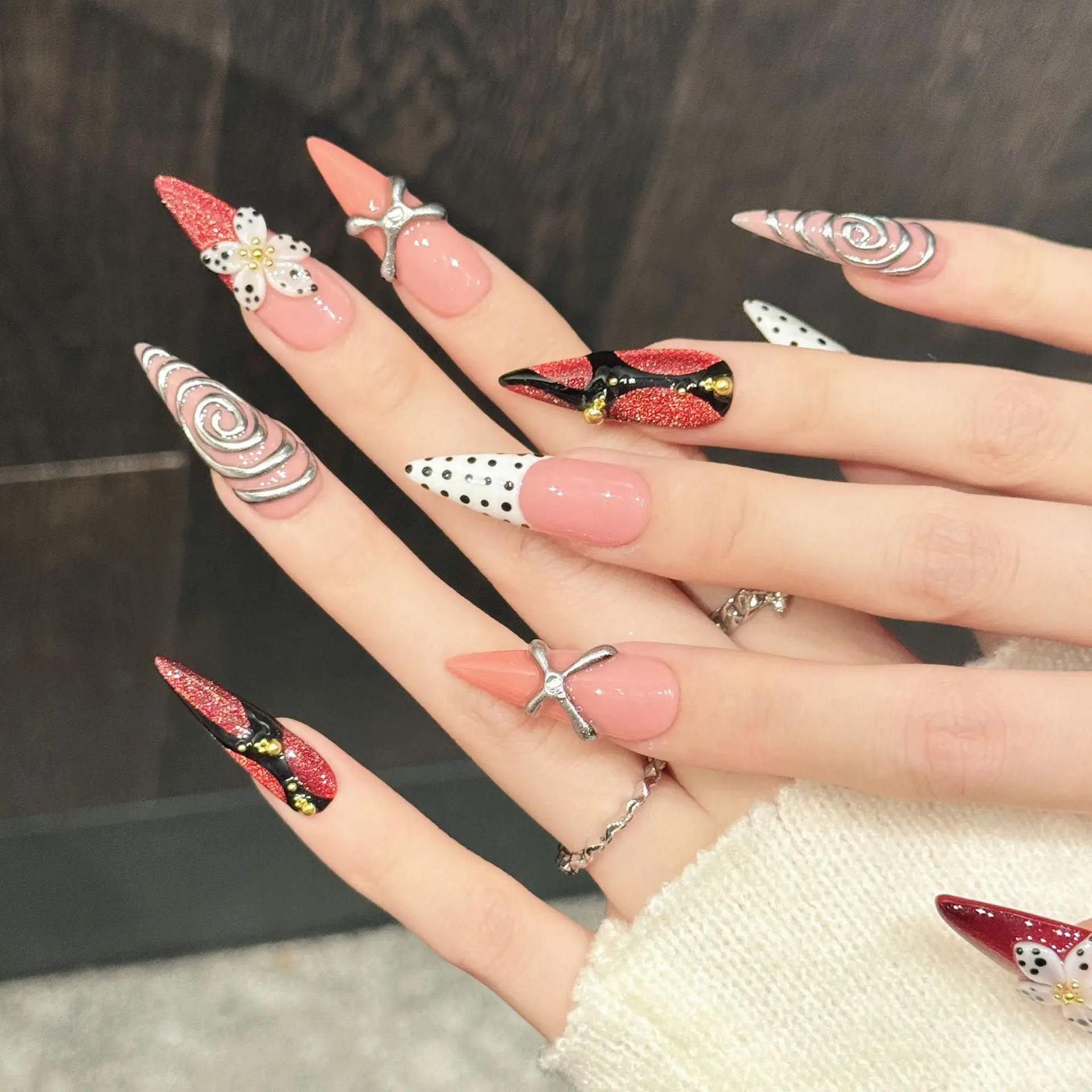 10PCS Handmade Press On Nails Pink Rose Polka Dot Spiral 3D Floral Design Sweet and Edgy Look With 4-PIECE Tool Adhesive Nail