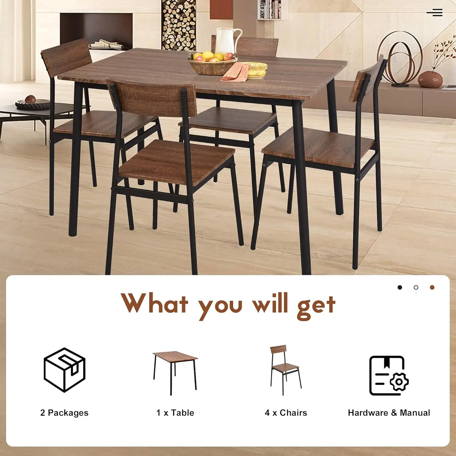 5-Piece Kitchen & Dining Room Sets Rustic Industrial Style Wooden Kitchen Table and Chairs with Metal Frame- Brown