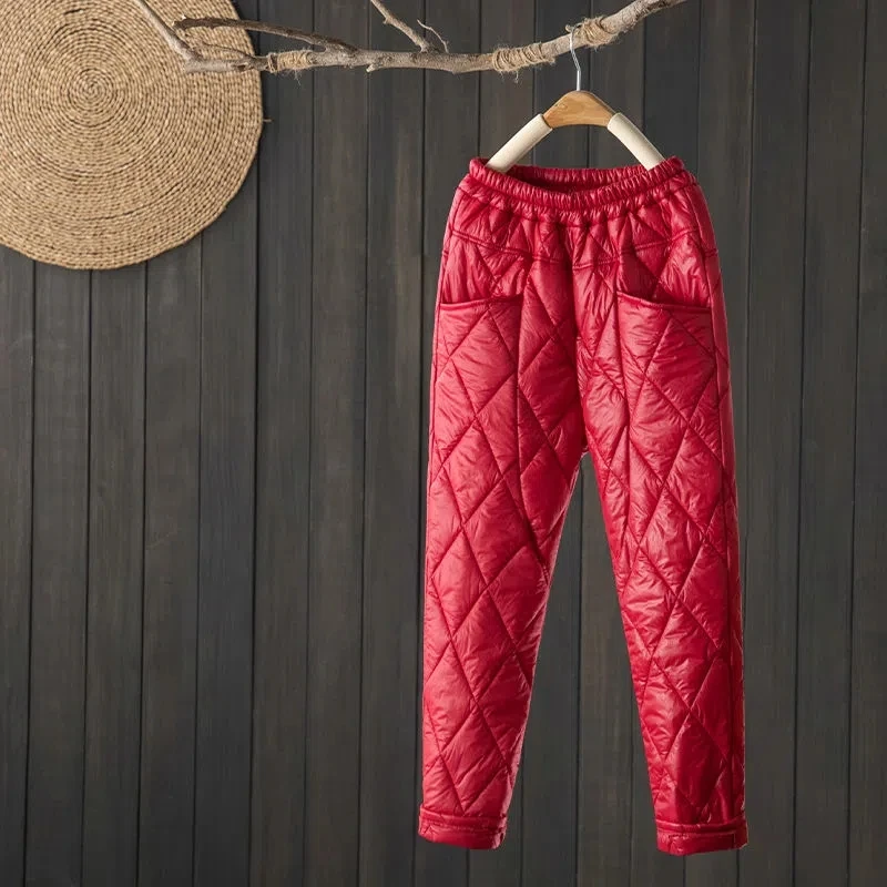 Pantalones de chándal de plumón de pato ultraligeros para mujer, cintura alta elástica, pantalones holgados de algodón, ropa de nieve, Pantalones rectos básicos, invierno, nuevo