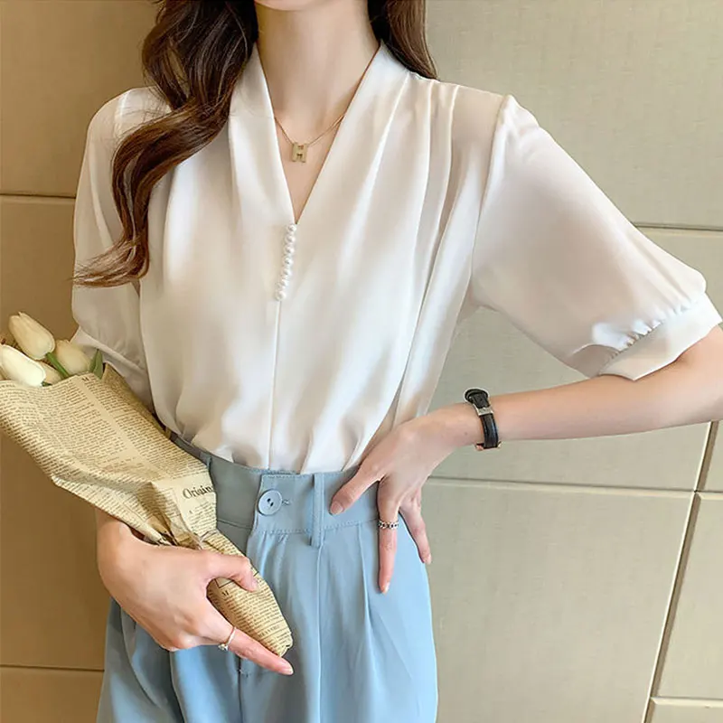 Women\'s V-Neck Short Sleeve Chiffon Shirts Solid Color Simplicity Elegant Clothes All-match Casual Tops Summer Fashion New Style