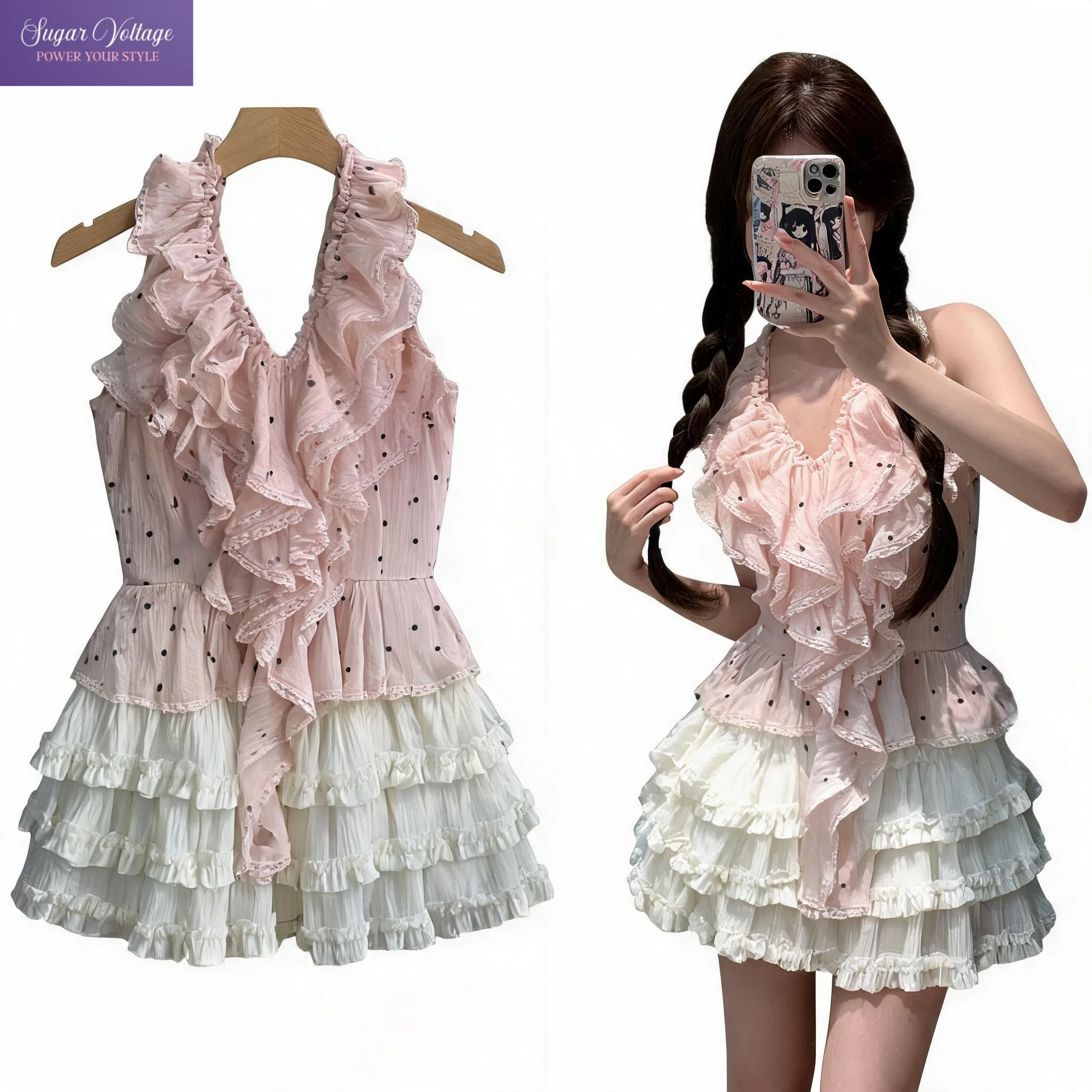 

Sweet Korean Chic Halter Neck Polka Dot Ruffle High Waist 2 Piece Sets Women Layered Cake Skirt Top Female Summer Daily Clothes