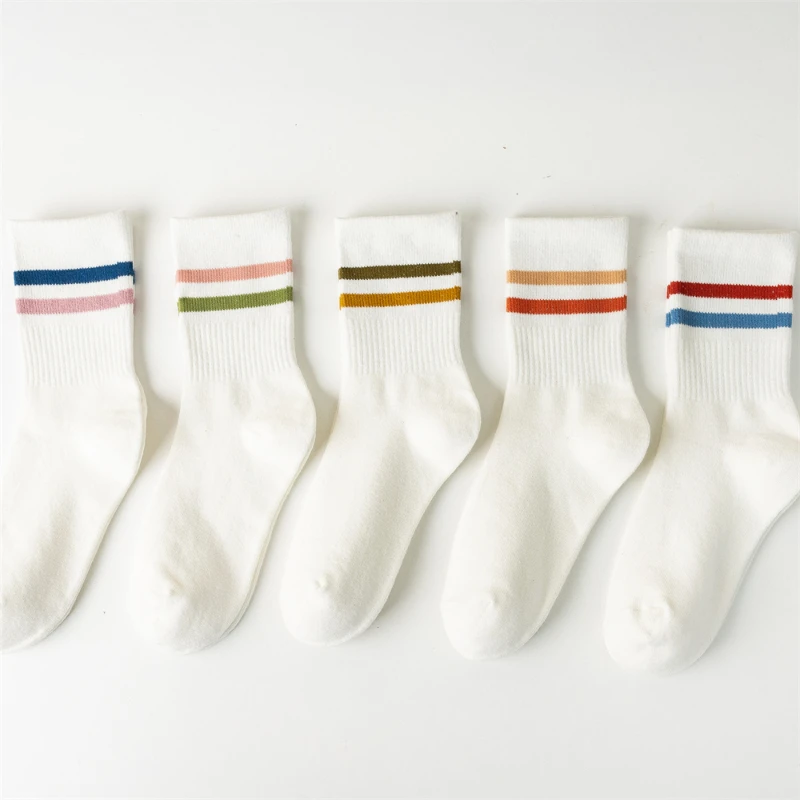 5 pairs of spring and summer pure white striped college style student socks