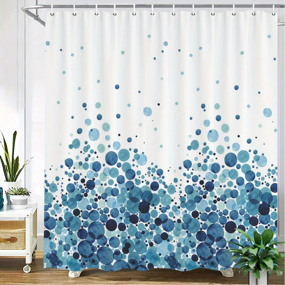 Blue & Teal Spheres Shower Curtain – Gradient Watercolor Dots, Abstract Oceanic Pattern, 12 Hooks, 70.87×70.87 inch
