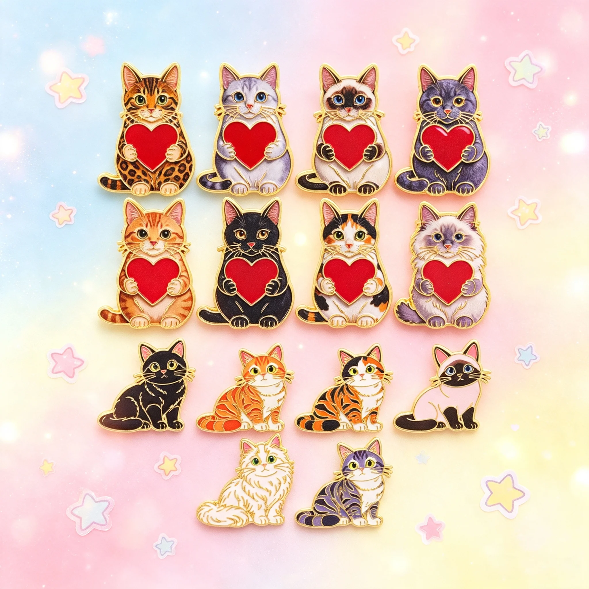 14pcs Heart Orange Cat Kawaii Cartoon Enamel Lapel Backpack Pins Siamese Badges Cosplay Brooch for Clothes Jewelry Gifts Friend