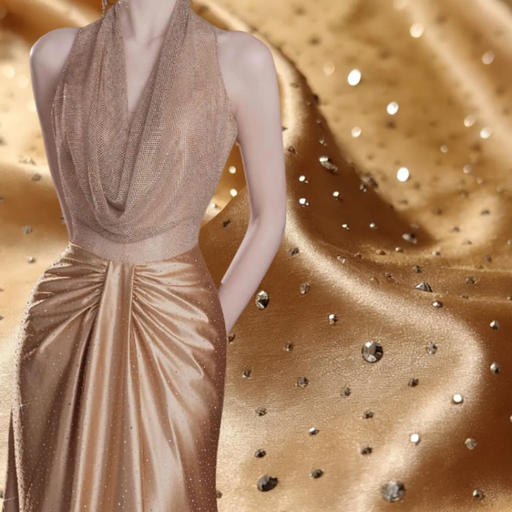 Heavy Decoration Rhinestone Fabric - Stretch Satin with Hot Fix Diamonds - Luxury Glitter Cloth for Graduation Design