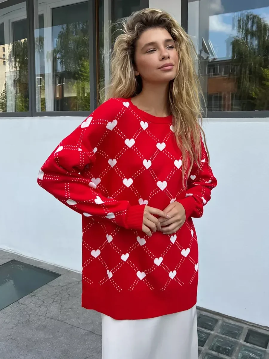 Bornladies Autumn Winter New Warm Love Printed Sweater Women\'s Loose Casual Mid Length Fashion Sweater O-neck Pullover Top