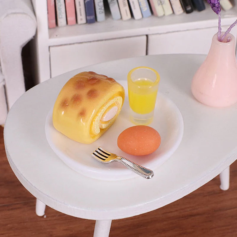 Lifelike 1/12 Dollhouse Miniature Breakfast Set of Steamed Buns, Egg, Bread, Milk for Kids Pretend Play and Kitchen Decoration