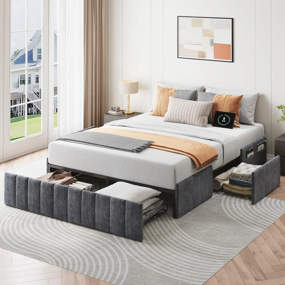 Metal Platform Bed Frame with Storage Drawers, Charging Station, and Fabric Upholstery