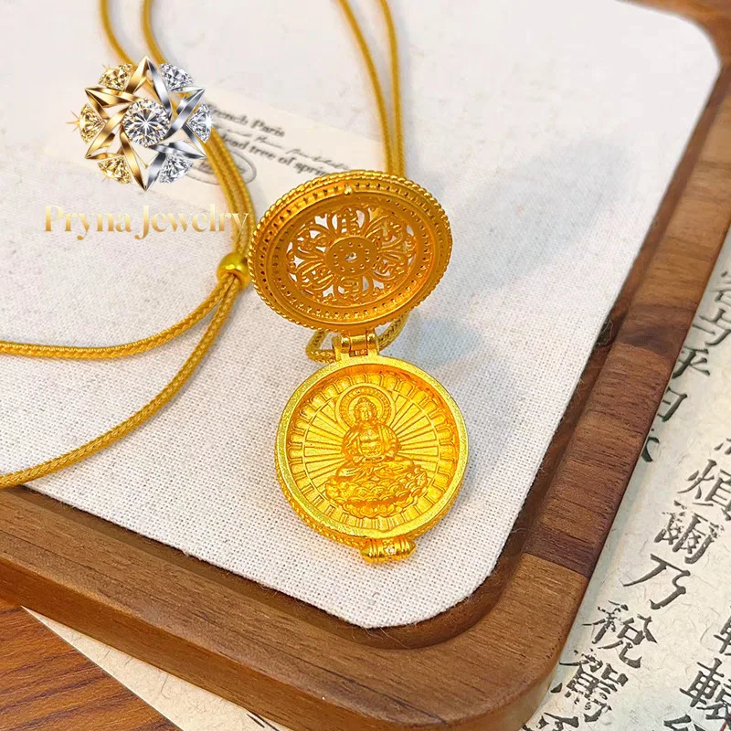 Pryna Jewelry  Men and Women 24K Gold AU999 Gawu Box with Six-Syllable Mantra Pendant | Magnetic detachable lid with scripture e