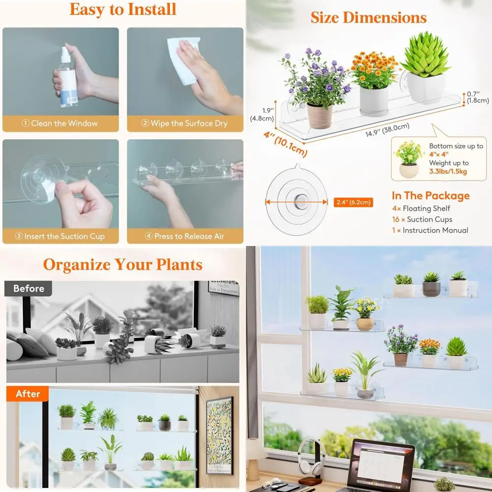 

Полки для растений Liewit на оконный подоконник, 15 x 4 дюйма, 4 шт., акриловые полки на присосках, удлинитель для подоконника или для комнатных суккулентов