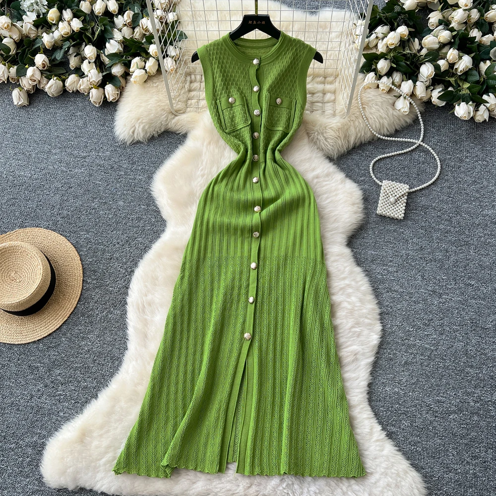 YuooMuoo ブランドファッション女性ニットサマードレス 2025 エレガントなシングルブレストスリムウエストロングシャツドレスオフィスレディ Vestidos