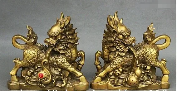 Chinese FengShui Pure Brass Dragon Kylin Unicorn Spit RuYi Gourd Statue Pair