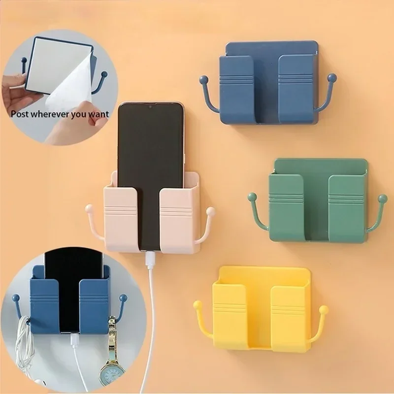 Wall Mobile Phone Holder Plug Phone Charging Stand Remote Control Storage Box Bracket Punch-Free Mounted Organizer Holders