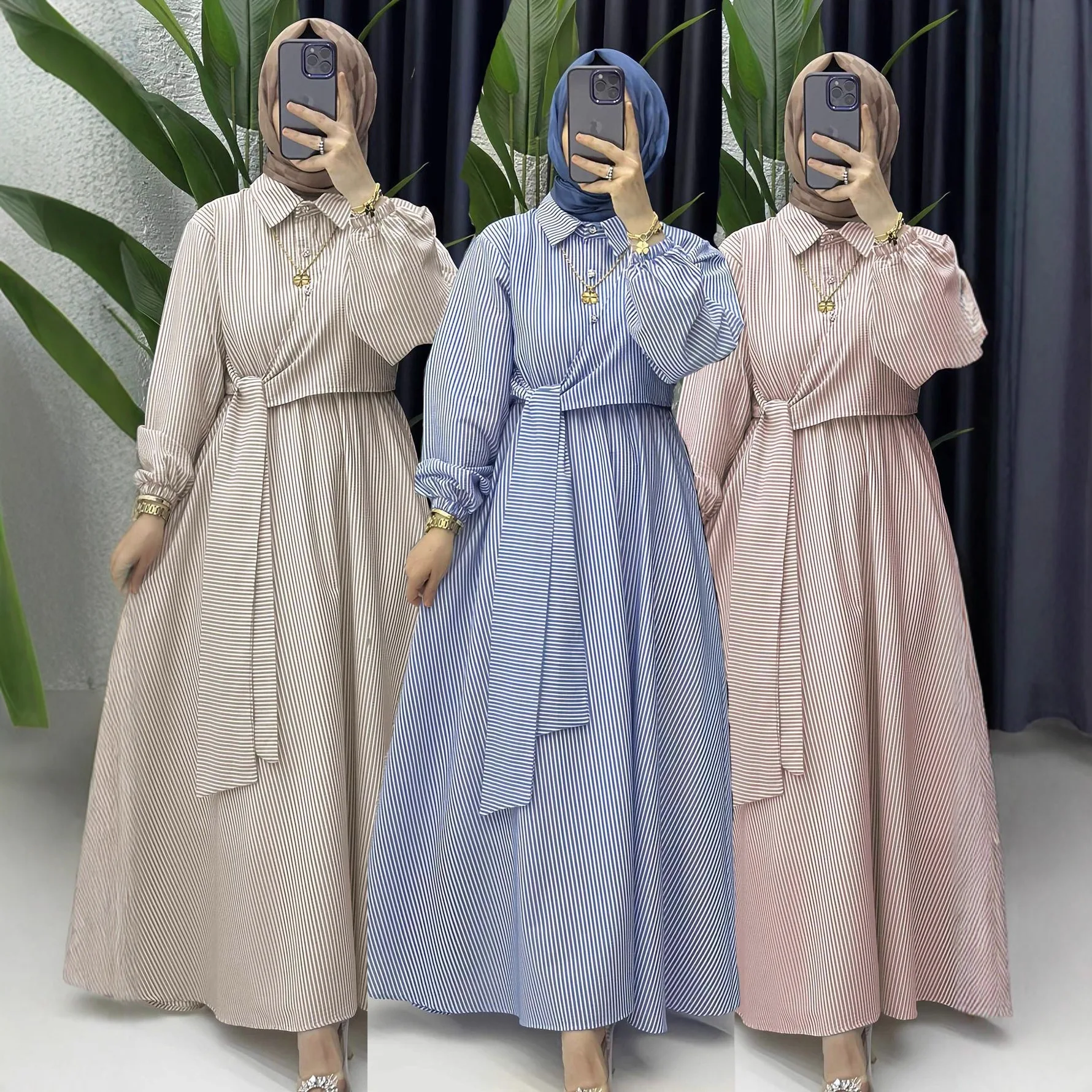 

Dress Women Eid Muslim Abaya Dresses Stripe Print Kaftan Sashes Ramadan Morocco Dubai Abayas Islam Vestidos Long Robe Jalabiya