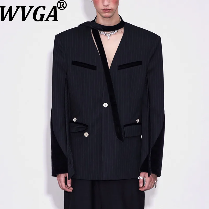 WVGA Autumn Winter New Man Tide Striped Patchwork Trendy Long Sleeve Suit Jackets Nihce Chic Casual V-neck Blazer Ins Y2K W14843