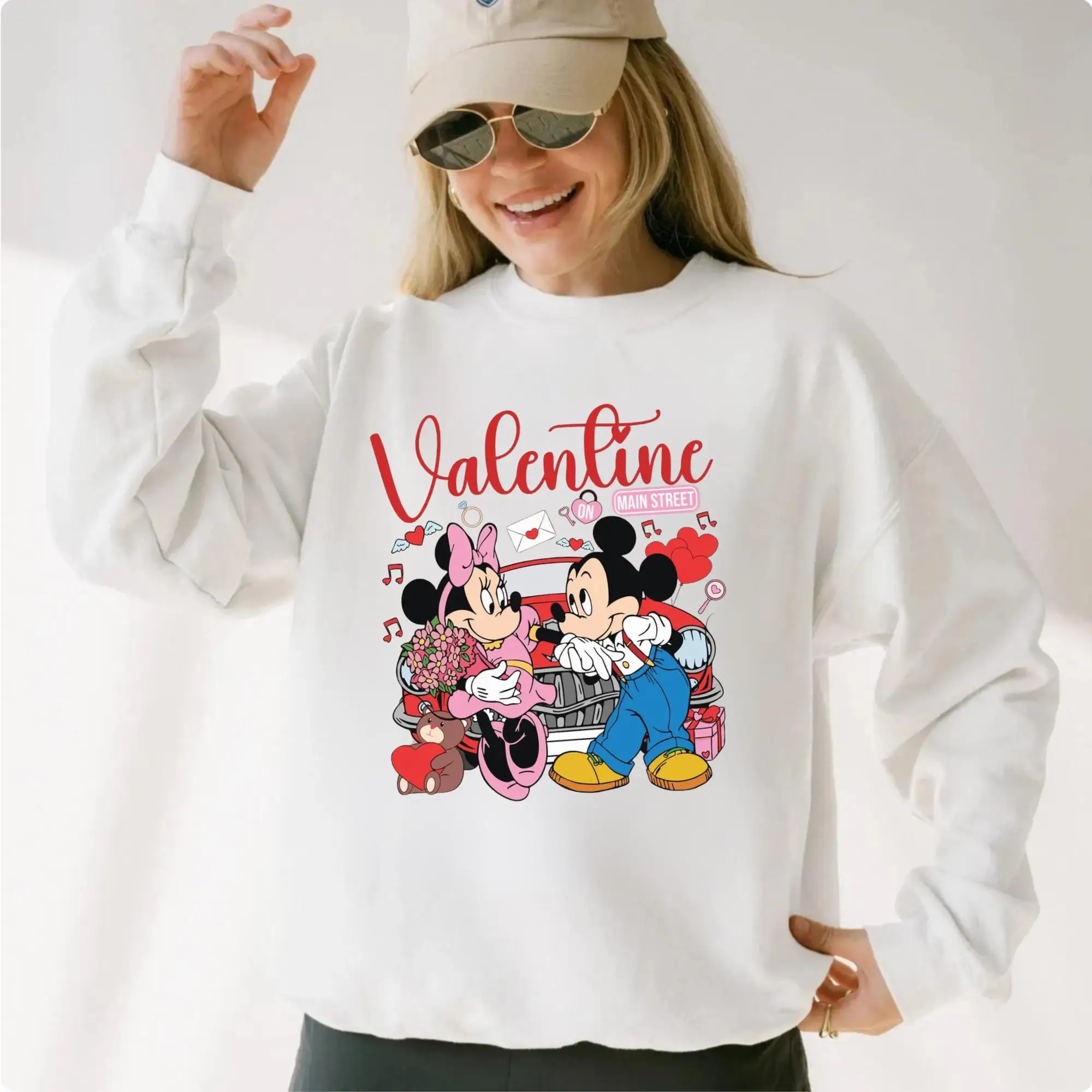 Moletom feminino Disney Mickey & Minnie para o dia dos namorados, moletom de lã para primavera e outono, para uso diário ao ar livre em qualquer ocasião