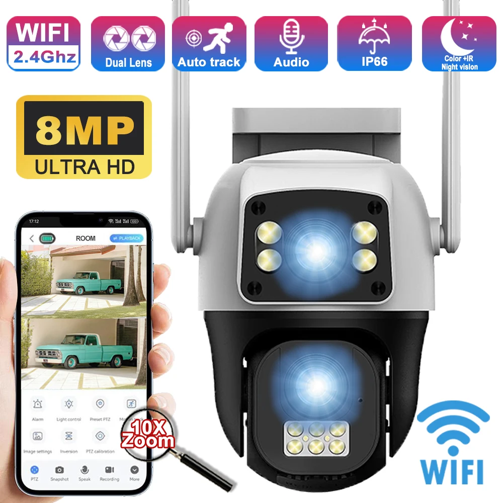 

8MP 4K Camera Security Wifi Outdoor Monitor Waterproof Night Vision Auto Tracking Monitoring Alarm Human Detect PTZ Video CCTV
