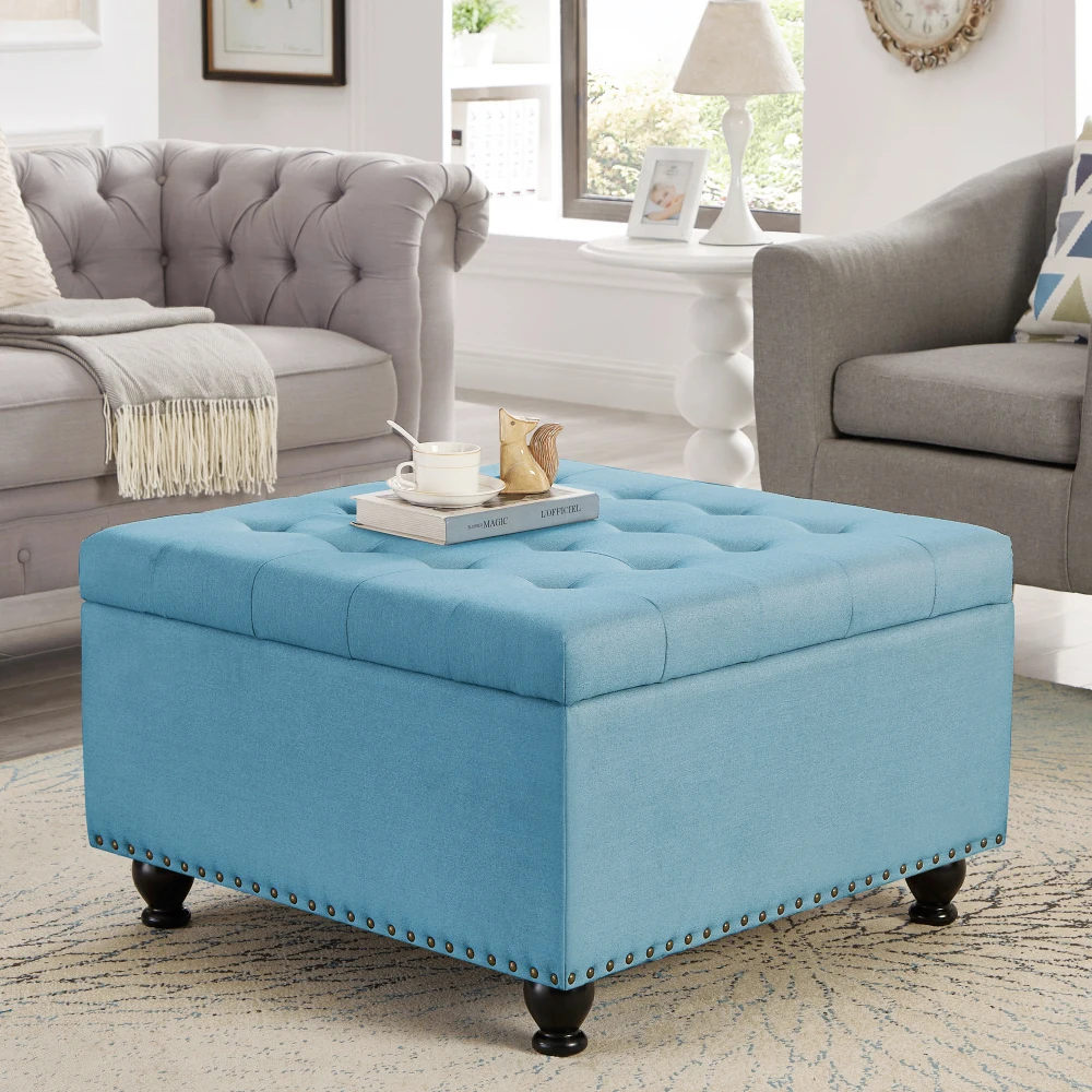 

Large square storage ottoman with wooden legs, Upholstered button tufted coffee table with nail trims,Light Blue