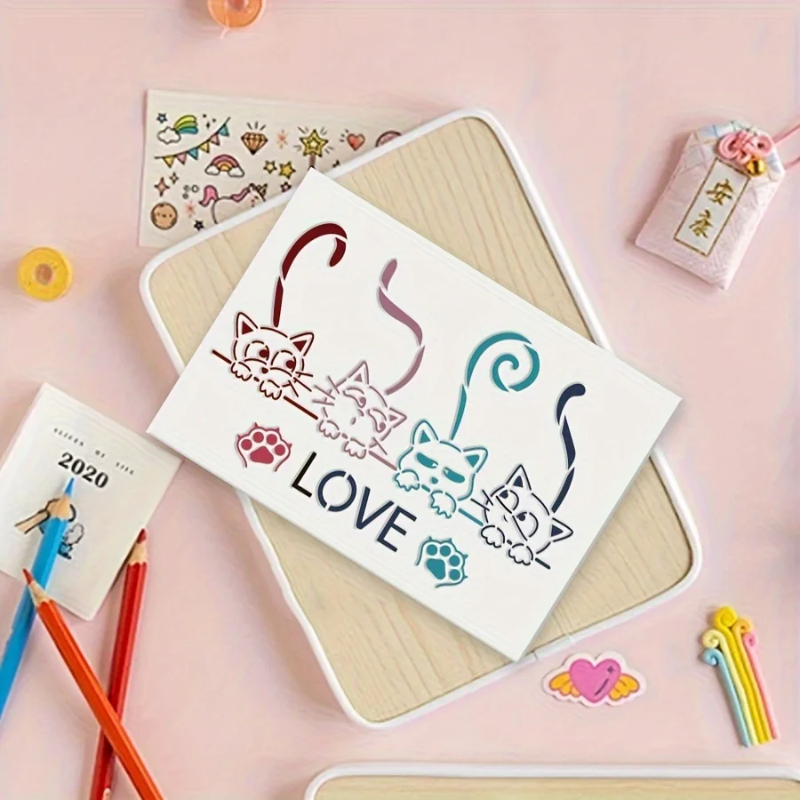 고양이 사랑 그리기 스텐실 |   재사용 가능 |   DIY 중공 에어브러시 템플릿 |   귀여운 발 프린트 디자인 |   공예 낙서 그림 도구