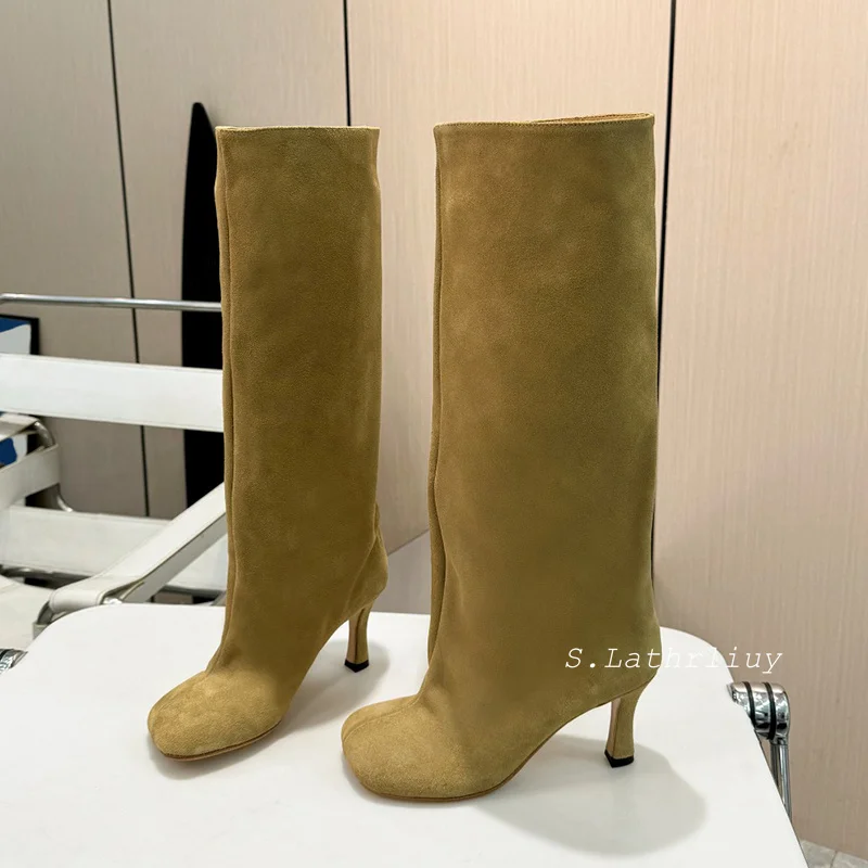 2024 Autumn Winter Fashion Trouser Boots Women's Suede High Heels Western Long Botas Square Toe Thin Heels Knee-high Boots