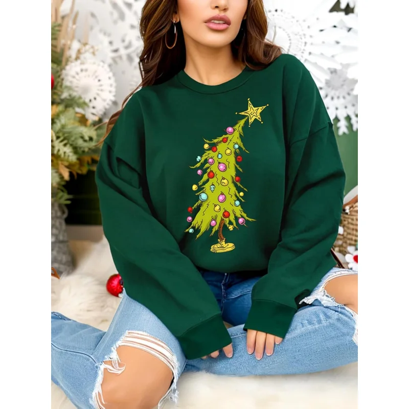 Women's Christmas Sports Shirt Long Sleeved Dark Green Patterned Printed Shirt Funny And Cute Round Neck Pullover