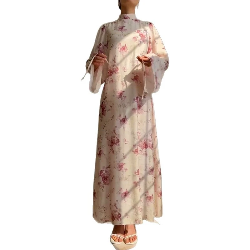 เดรสยาวพิมพ์ลายดอกไม้สไตล์โบฮีเมียนทรงหลวม แขนยาว แฟชั่นฤดูใบไม้ร่วง คอปกสูงครึ่งตัว เหมาะสำหรับวันพักผ่อน