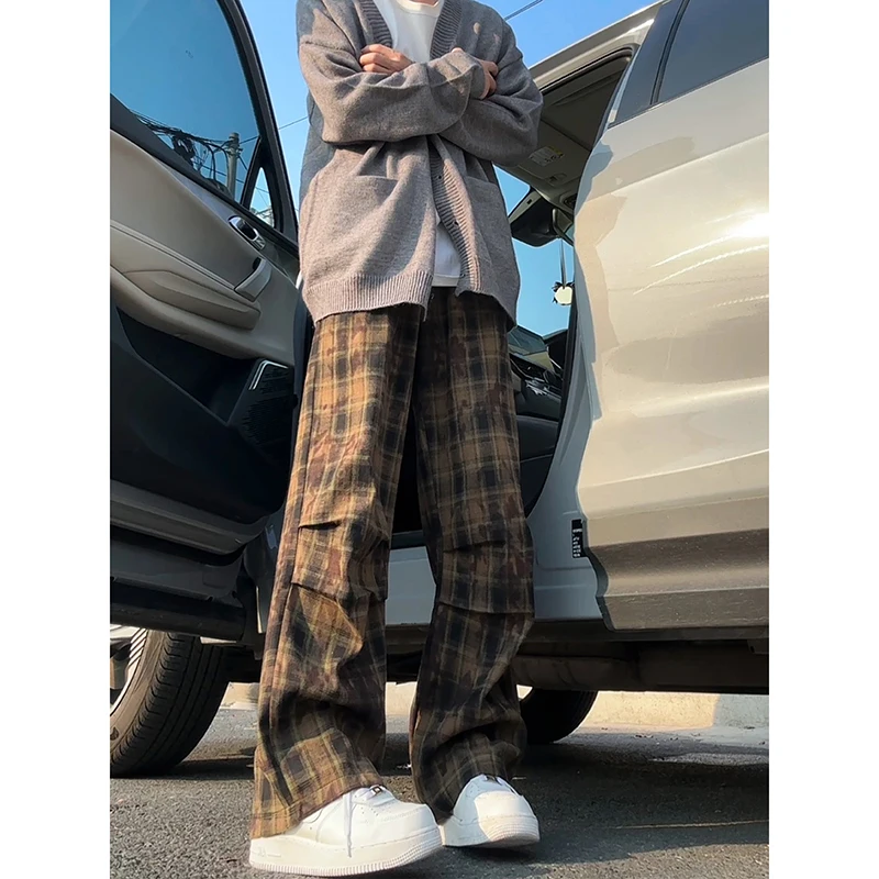 Autumn Casual Pants Men Fashion Retro Plaid Pants Men Japanese Streetwear Hip-hop Loose Wide Leg Pants Mens Vintage Trousers