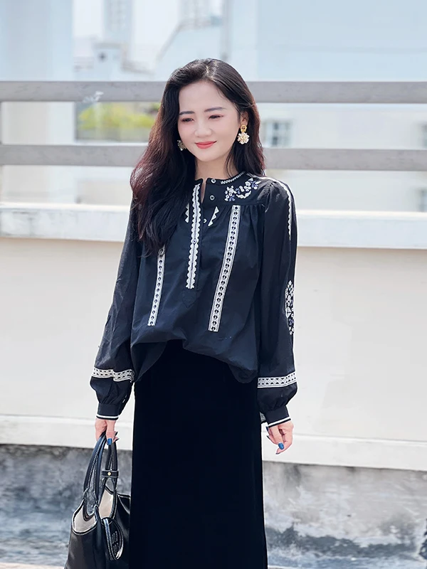 

Легкая дышащая хлопковая рубашка с длинным рукавом и вышивкой в стиле принцесс, удобная для повседневной носки, свободного кроя, летняя