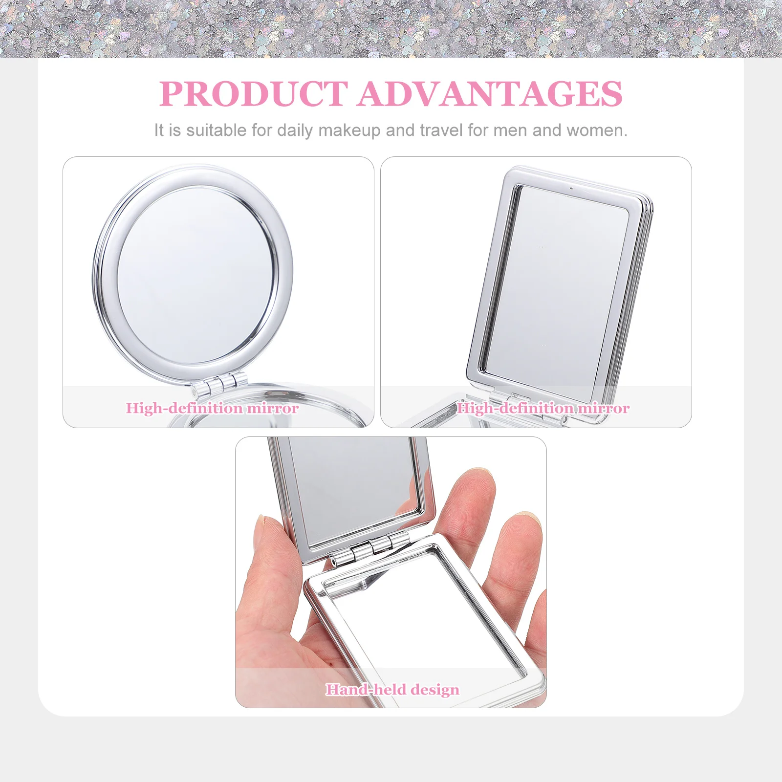 2 stuks opvouwbare glitter make-up mini dubbelzijdige draagbare spiegel voor reizen relatiegeschenk compacte ijdelheid dameszak