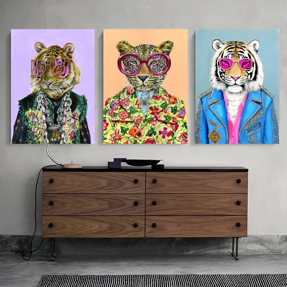 1PC Rich Pink Lion Animal Jewelry Cheetah With Glasses Print Poster Waterproof HD Sticker Bedroom Home Living Room Wall Decor