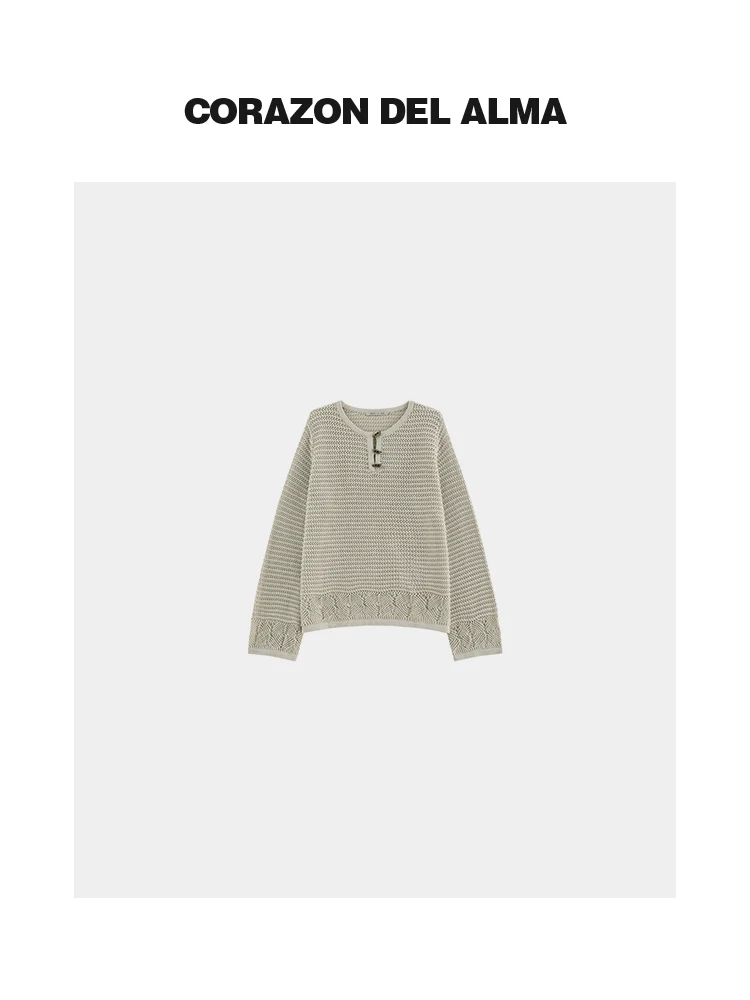 

Mara Heavyweight Pure Cotton Knitted Floral Pattern Hollow out V-Ne Long Sve Women's Top Spring Season Casual Wear