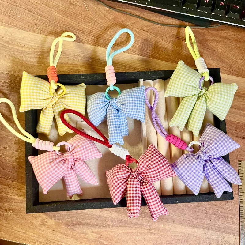 Cute Bow Keychain Holder Korean Fashion Plaid Pattern Bag Charm Sweet Candy Color Korean Ins Style Keychain Organizer Kids