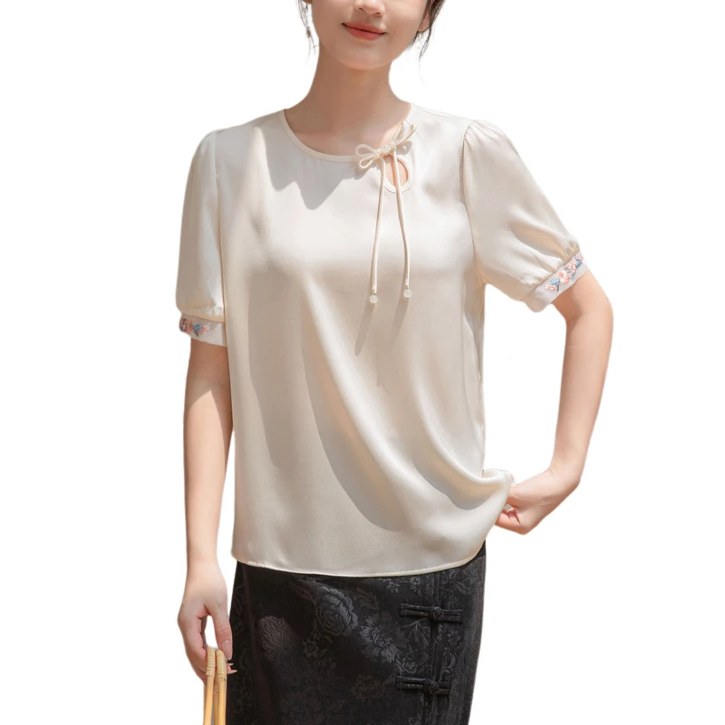 New Short Sleeve O-Neck Women Blouse Embroidery Casual Chiffon Blouse Shirt Women Tops  Blusas Mujer De Moda 2024 Verano J128