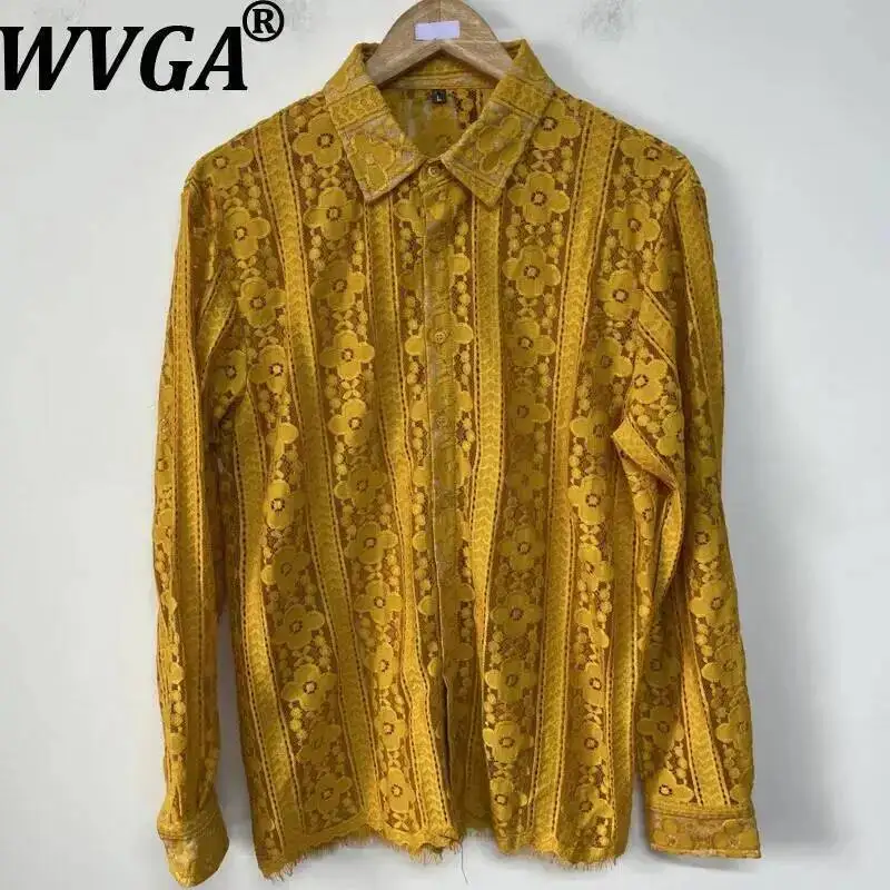 WVGA Spring Autumn New Man Heavy Lace Embroidered Floral Trendy Long Sleeve Shirt Niche Chic Casual Turn-Down Collar Top Ins 750