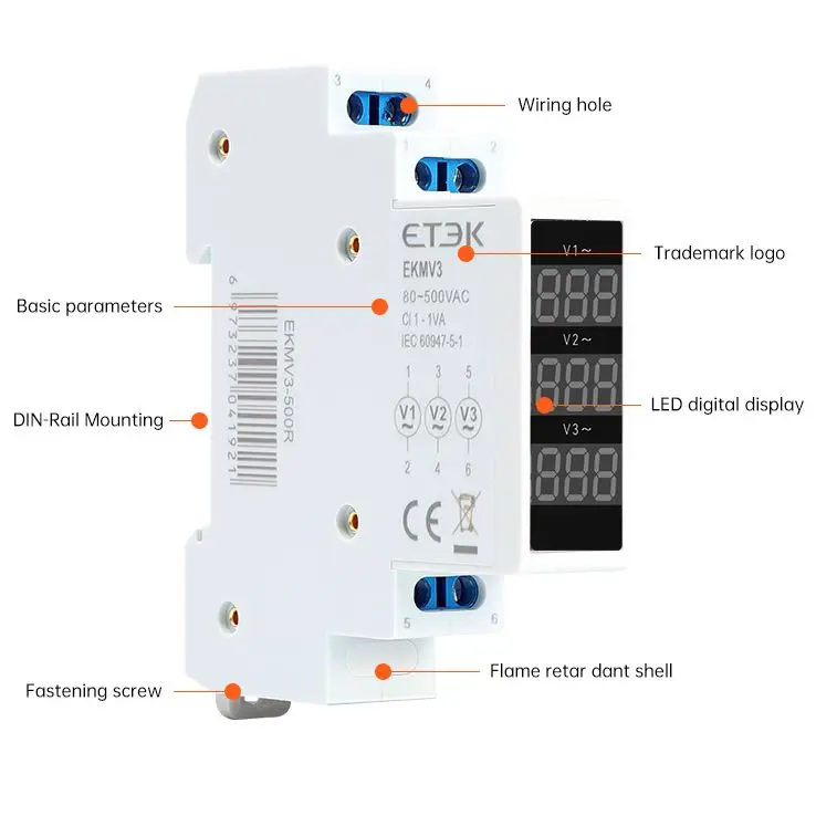 Voltmetro digitale modulare 18mm 3 fasi AC80-500v Mini misuratore di tensione rilevatore voltagimetro su guida Din modulo EKMV3-500R