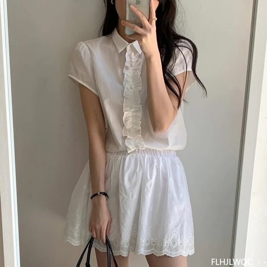 Chemises à carreaux mignon doux Style japonais filles Y2K Design offres spéciales femmes été décontracté rétro Vintage bleu volants Chic chemises