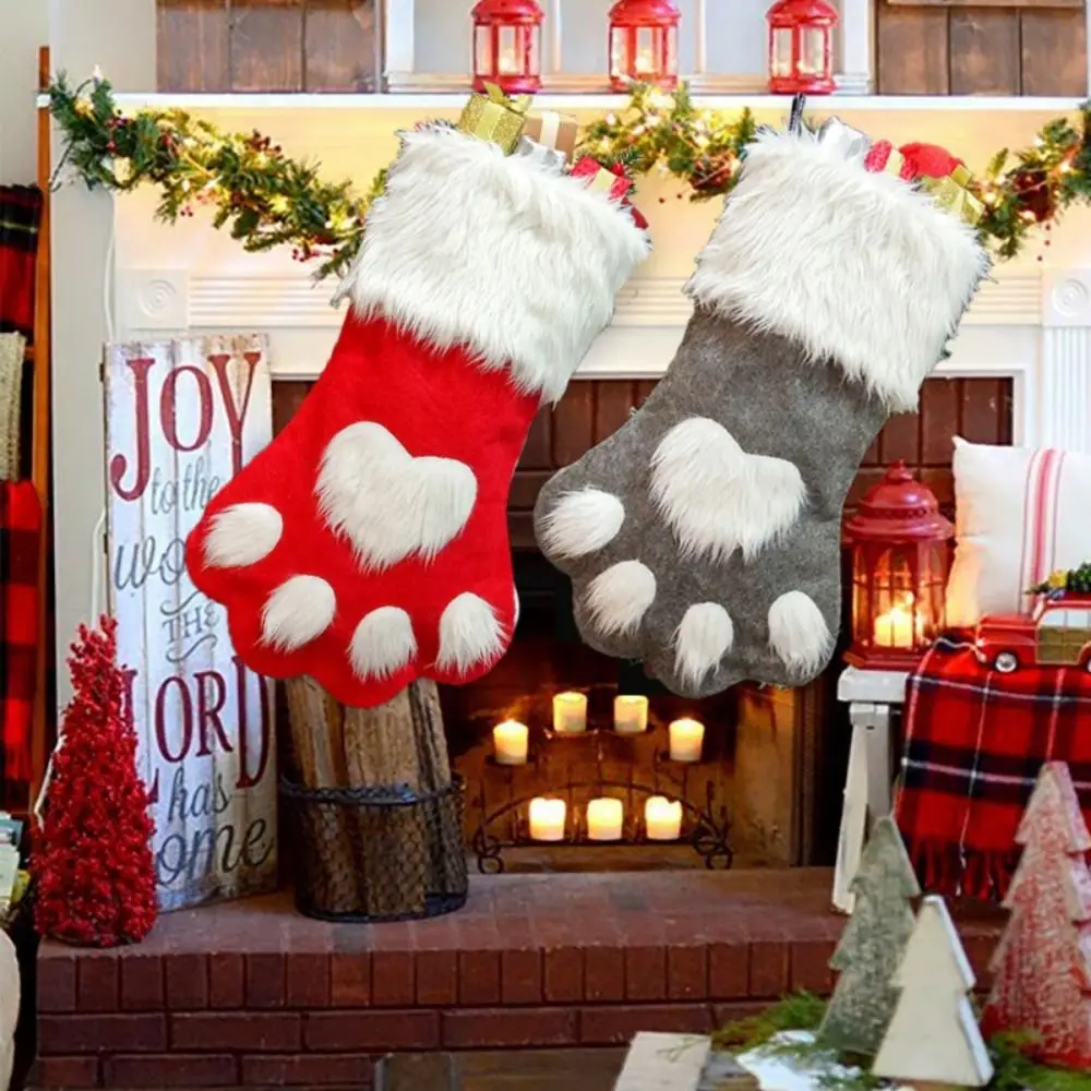 Decorative Non-woven Fabric Dog Claw Christmas Stocking Heart Plush Puppy Paw Gift Bag Hairy Hanging Christmas Tree Pendant Home