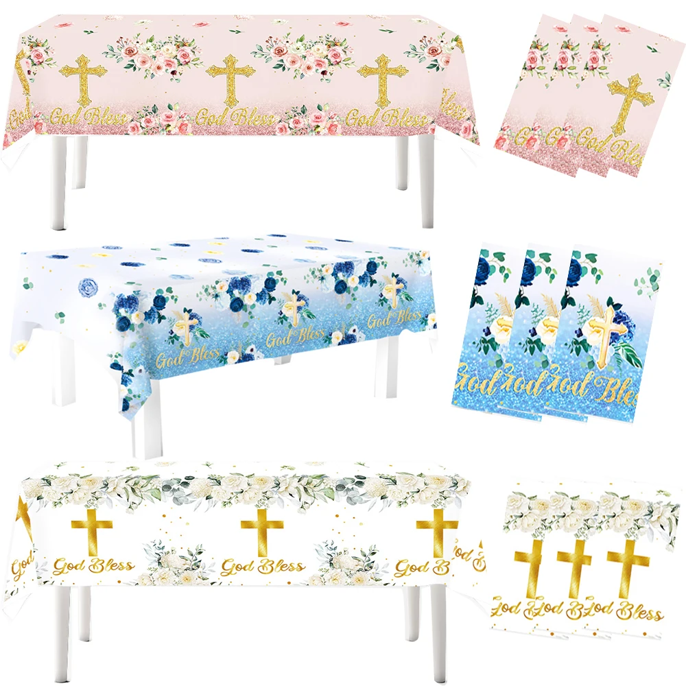 Baby Shower Party Tablecloth Pink White Blue God Bless Cross Tablecover Holy Day Communion Supplies Baptism,Kids Birthday Party