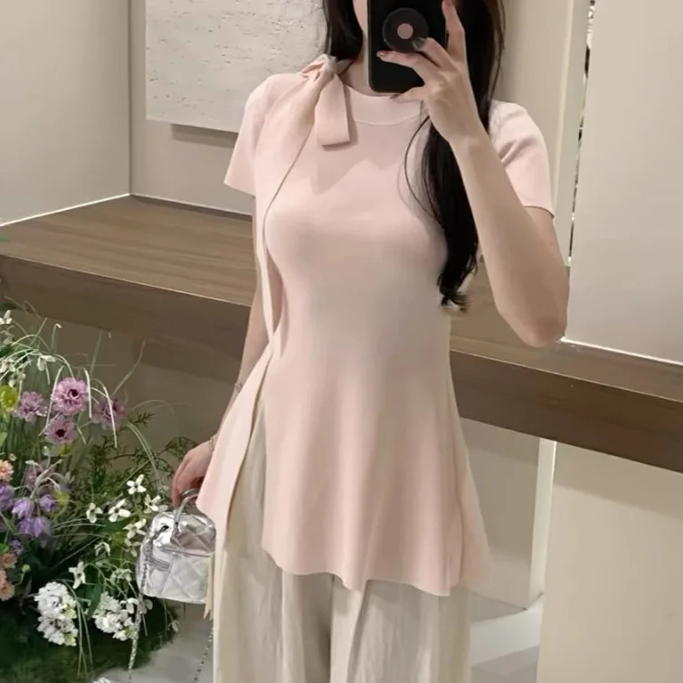 

Short Sleeve Knitted Sweater Women's Summer Design Sense Split Back Waist Show Thin Unique Temperament Top