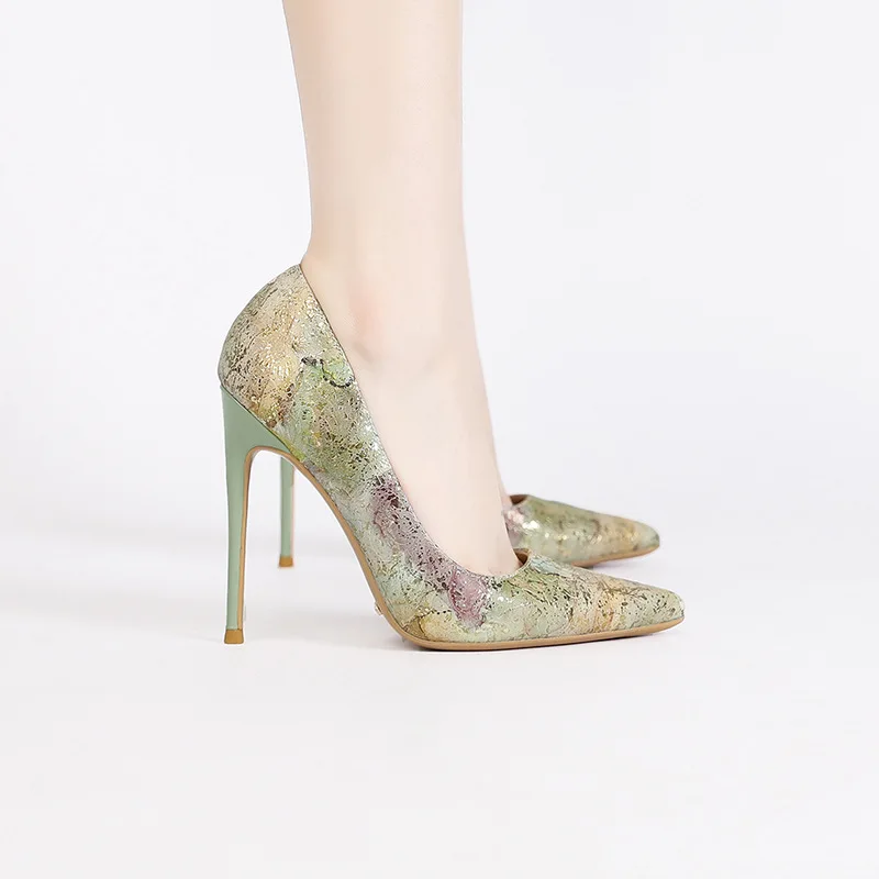 MAIRENISI جلد طبيعي عالية الكعب بلينغ طباعة المرأة مضخات خنجر 12 سنتيمتر فستان الحفلة الراقصة موضة الوثن الكعوب حجم 46 الوردي الأخضر #4