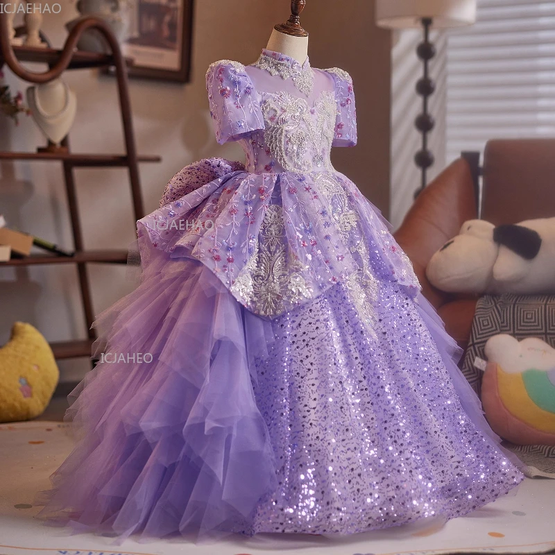 

Фиолетовое платье с цветочным узором для девочек, детское платье для свадебной вечеринки для девочек, праздничное платье принцессы на день рождения, костюмы