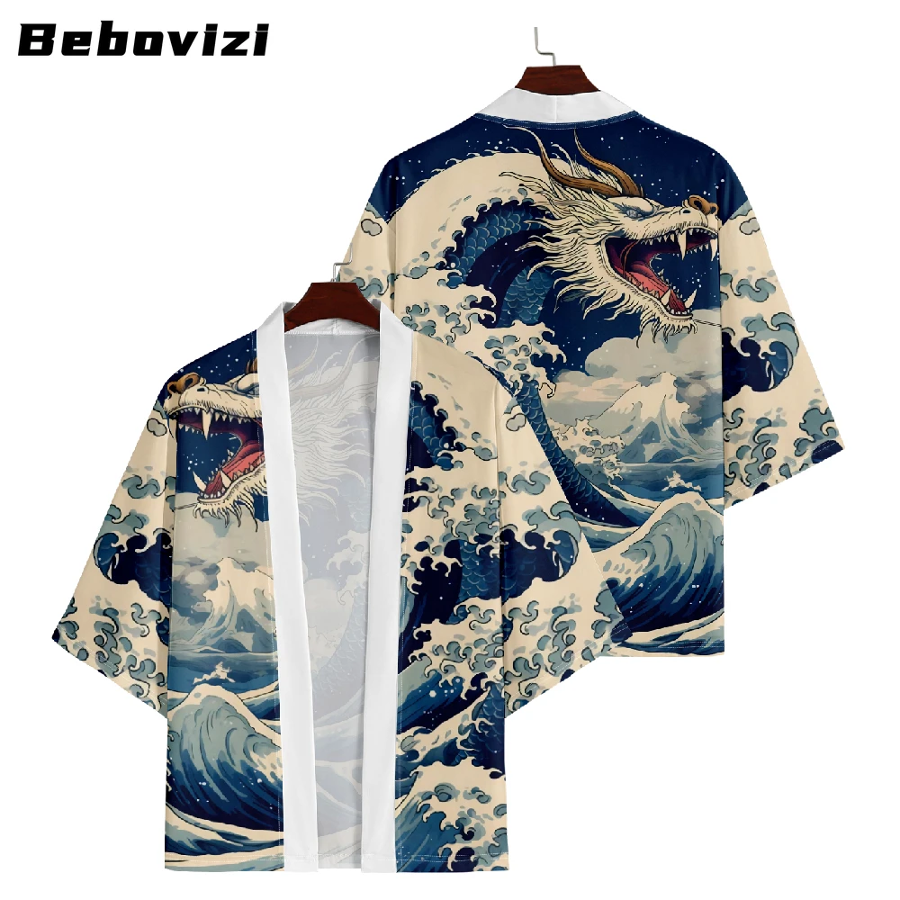 

2025 Men Cardigan Haori Japanese Wave Anime Dragon Print Kimono Harajuku Women Beach Yukata Plus Size