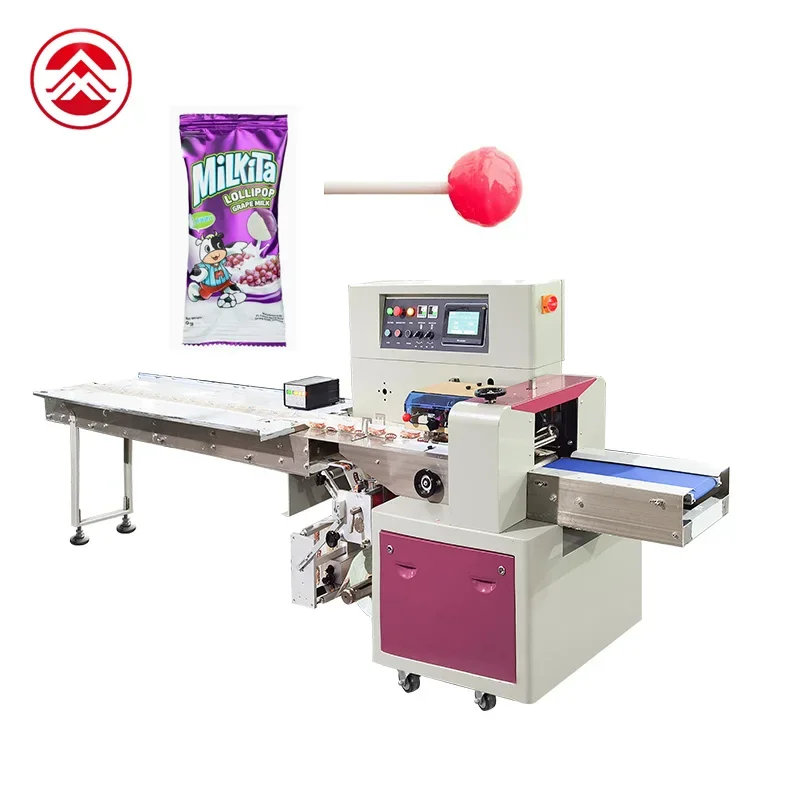 High Speed Flow Pack Small Cotton Soft Hard Lollipop Pillow Small Wrapping Packaging Machinery Candy Horizontal Packing Machine