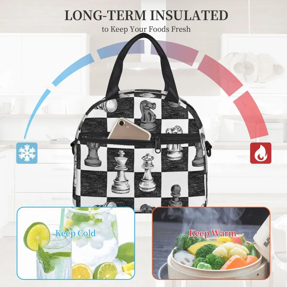 Chess Figures Checkered Large Thermal Insulated Lunch Bag With Adjustable Shoulder Strap Portable Bento Box Thermal Lunch Boxes